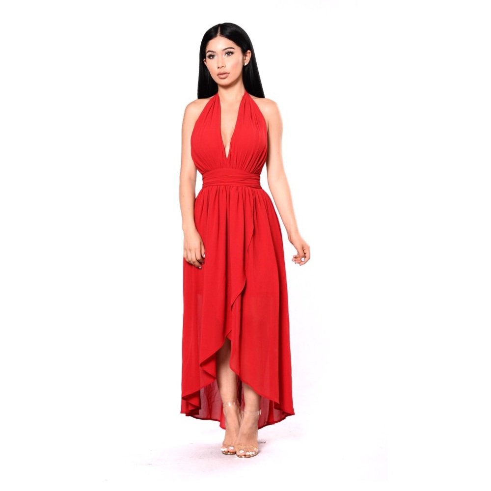 NWT Boutique Red Hi Low Halter V Neck Sleeveless Flowy Maxi Dress L